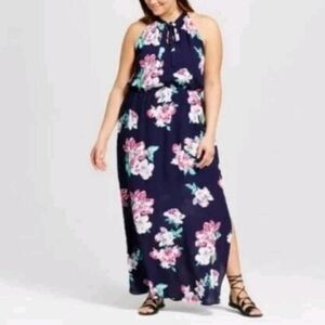 Le Kate Navy Blue Floral Print Halter Neck Maxi Dress Sleeveless